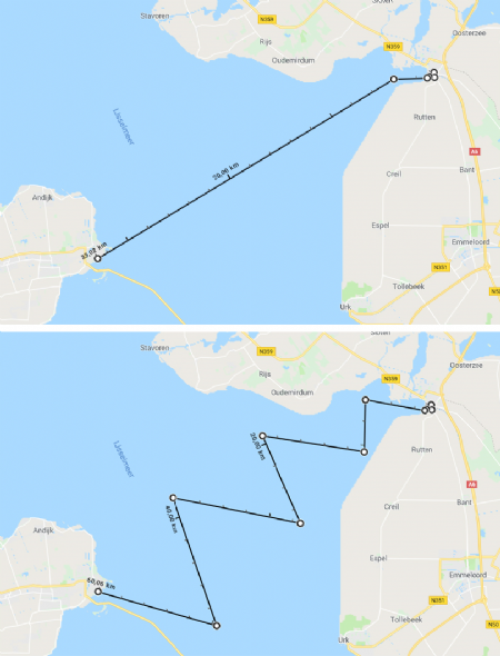 Je nach Windrichtung kann sich auch die zu segelnde Strecke vergrößern! Links ist die Reichweite 33km, rechts nicht weniger als 60km!